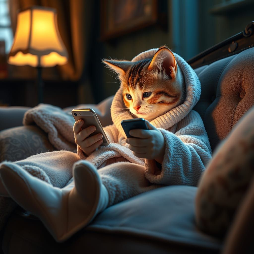 Kitten in Bathrobe Gazing at iPhone: Hyperrealistic Digital ...