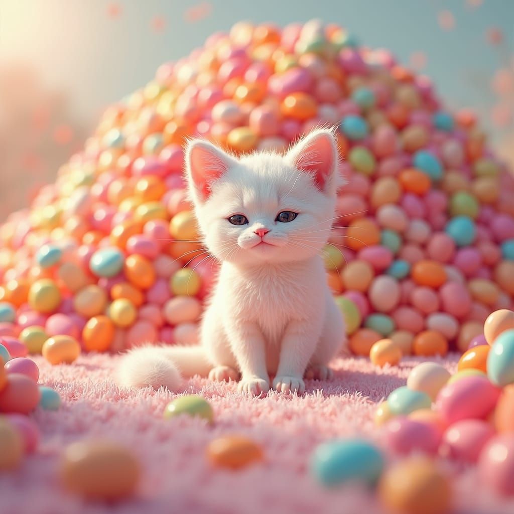 Cat on Jellybeans in Anime-Inspired 3D Art