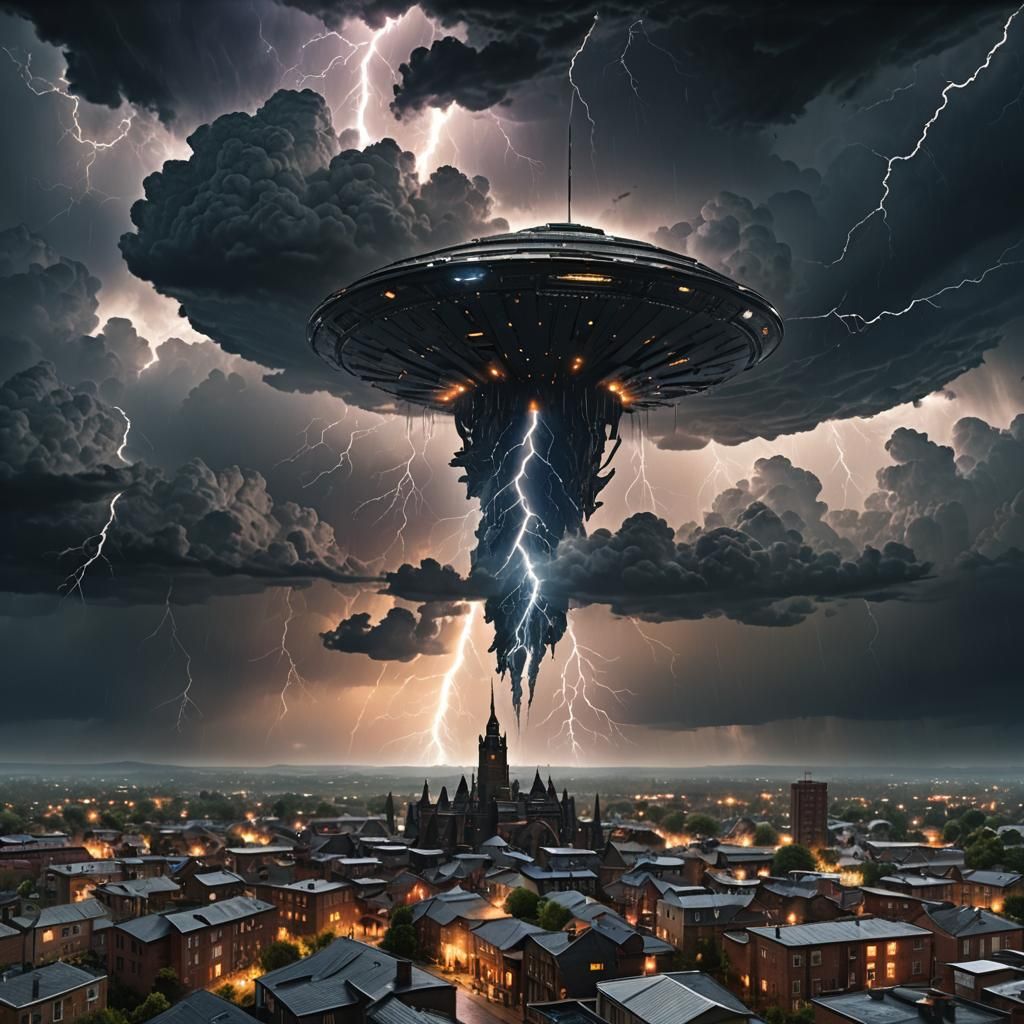 Giant alien probe over a modern country town lightning storm black clouds