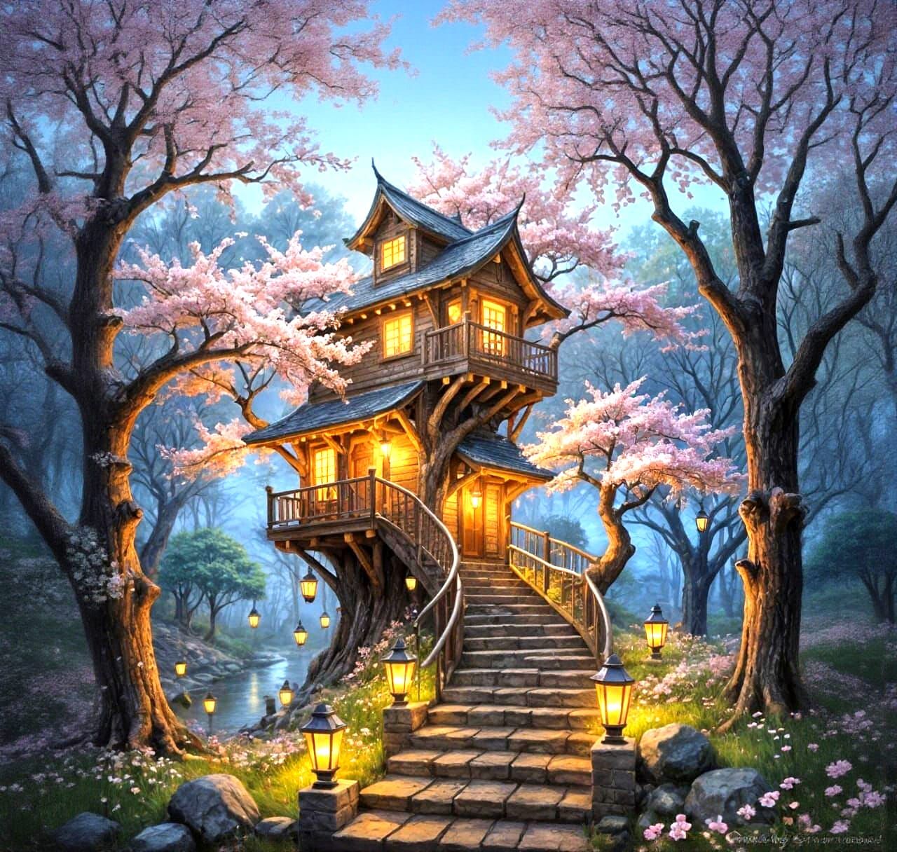 Whimsical Cherry Blossom Treehouse Scene in Oil Painting Sty...