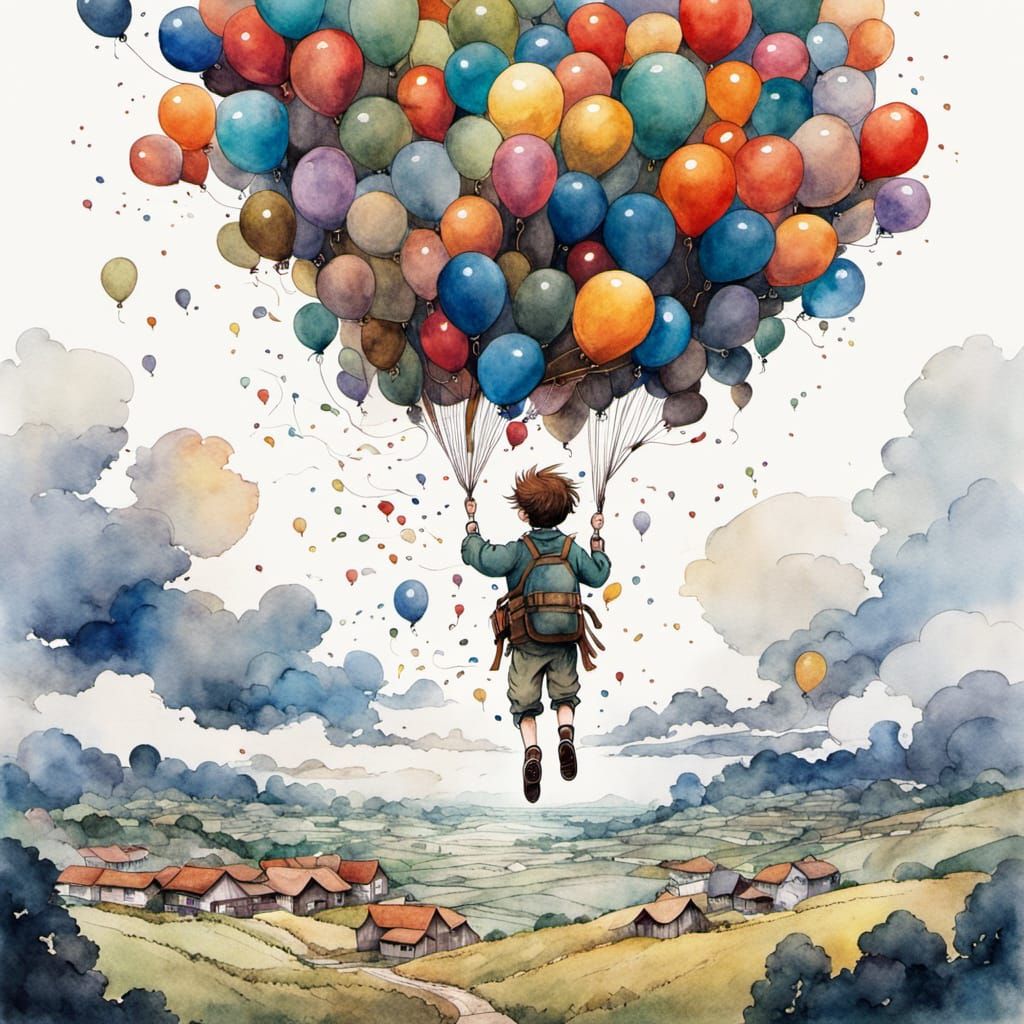 Boy's Balloon Flight: Ghibli-Moebius Watercolor Art
