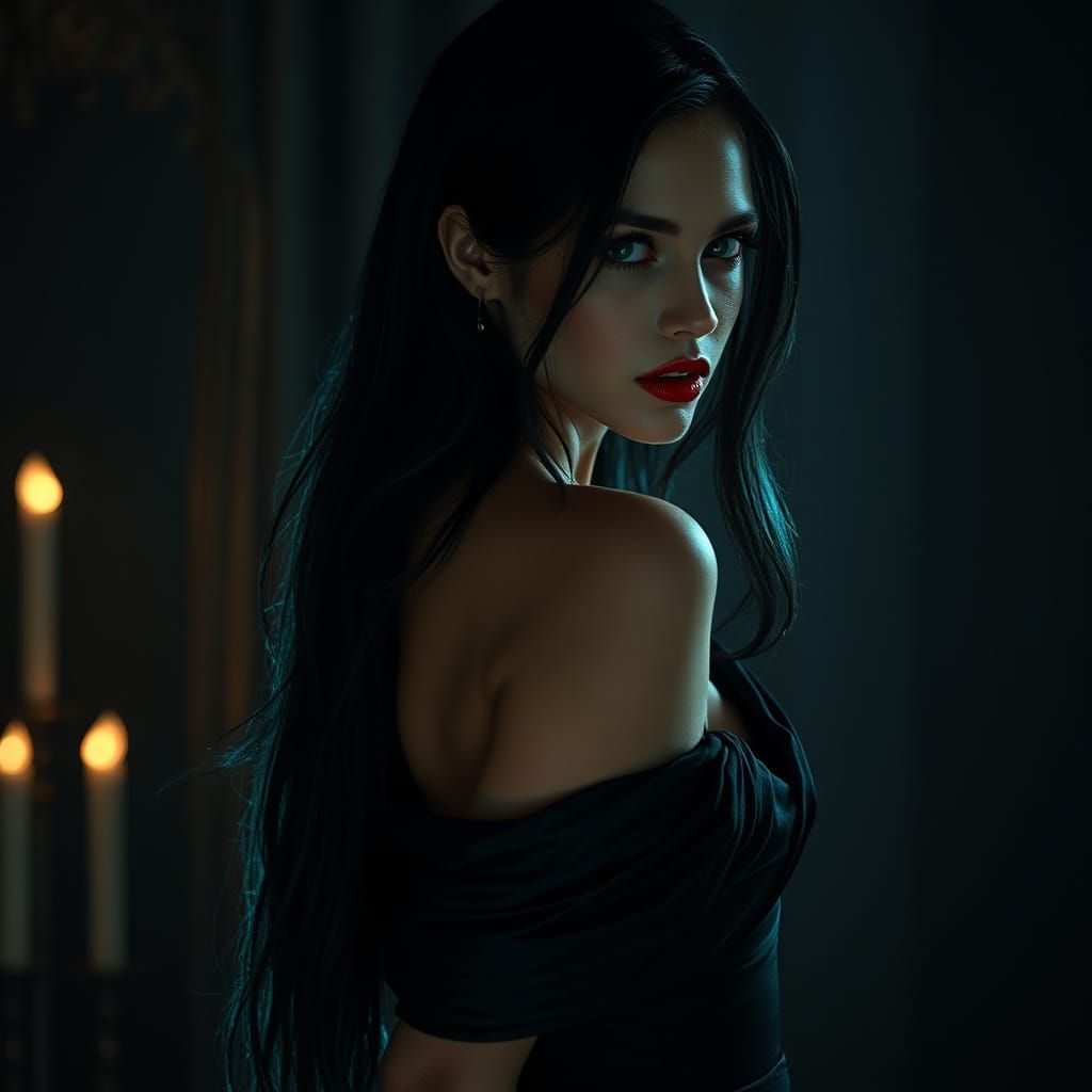 Gothic Goddess in Evening Gown with Emerald Eyes