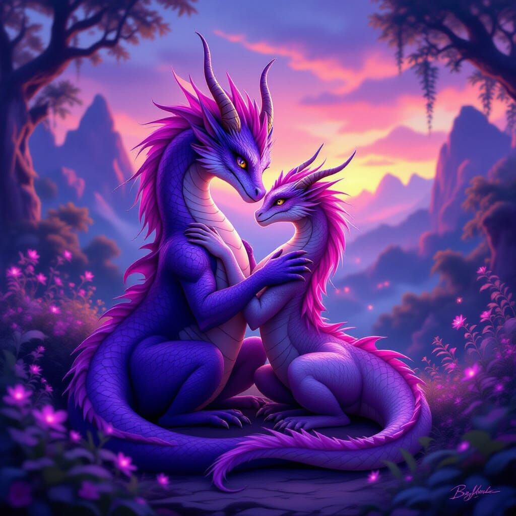 Two Dragons Embrace in Ethereal Twilight Digital Painting