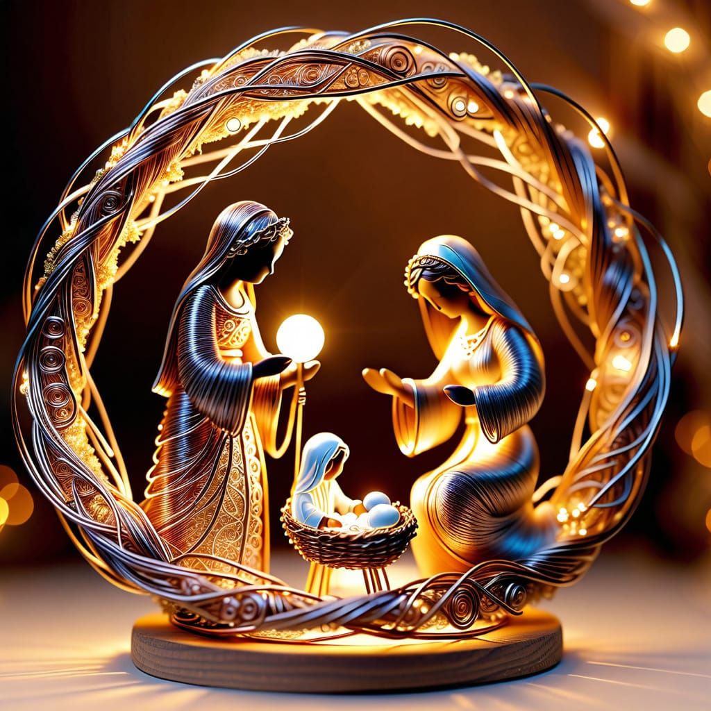 Wire Sculpture Nativity Scene Close-Up