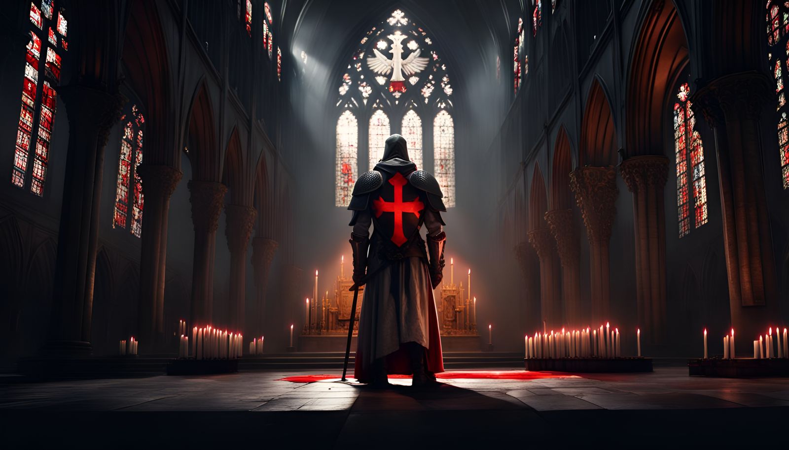 Templar Knight Kneeling in Cathedral, Dark Fantasy Concept A...