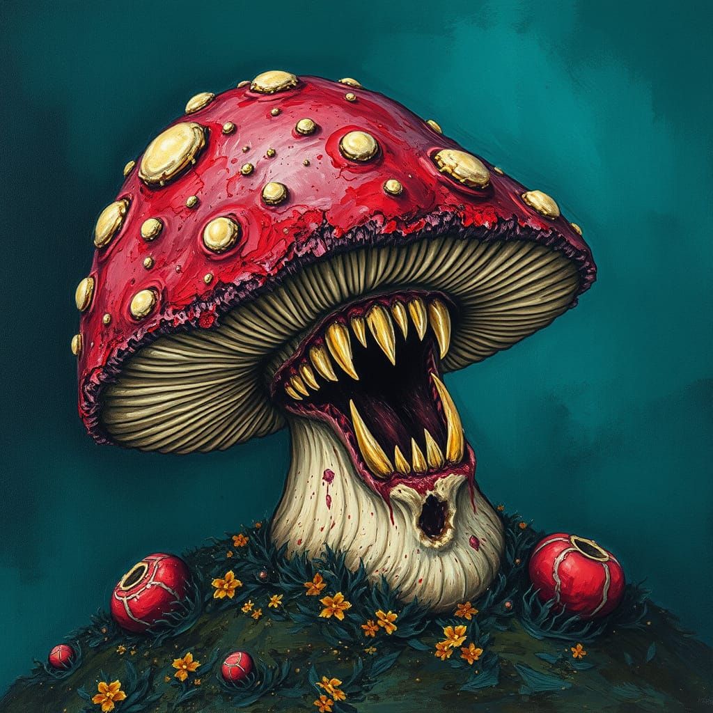 Horror Mushroom With Teeth in Ethereal Gouache Style