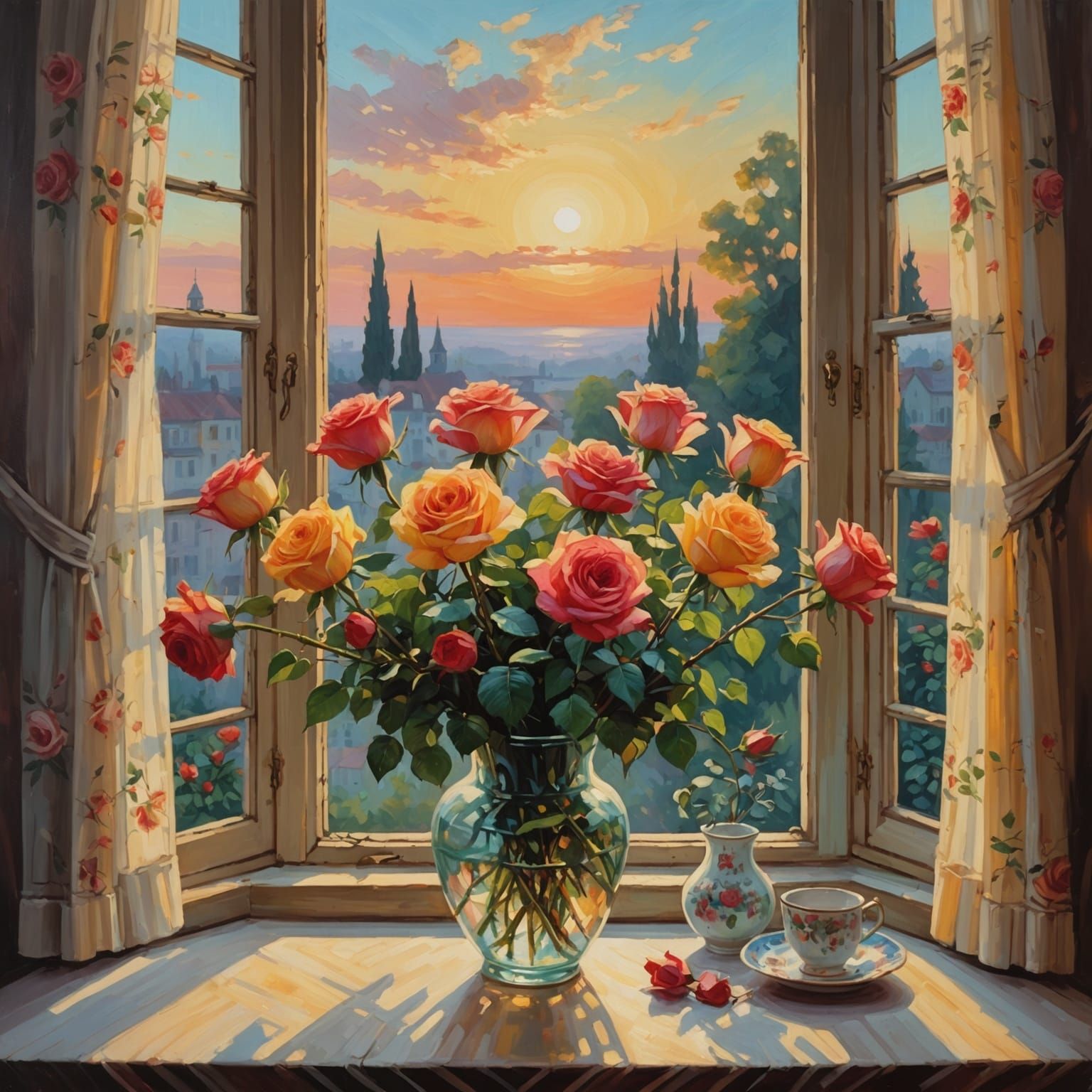 Roses at Dawn: Colorful Oil Painting with Brush Strokes