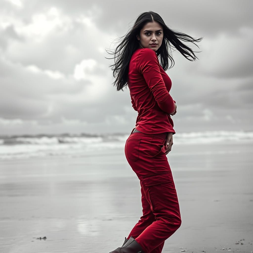Woman in Red Walks on Stormy Beach