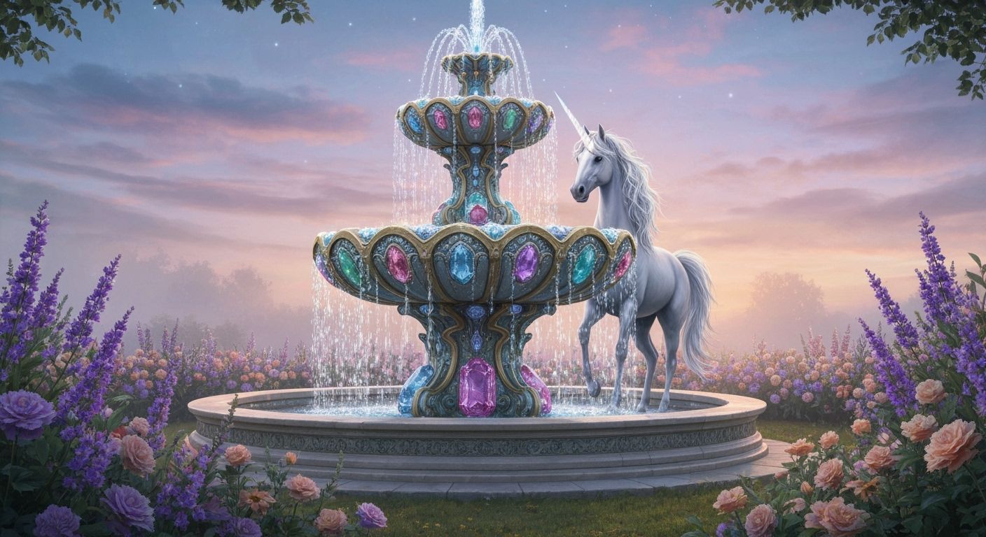 Unicorn at Gemstone Fountain in Art Nouveau Style