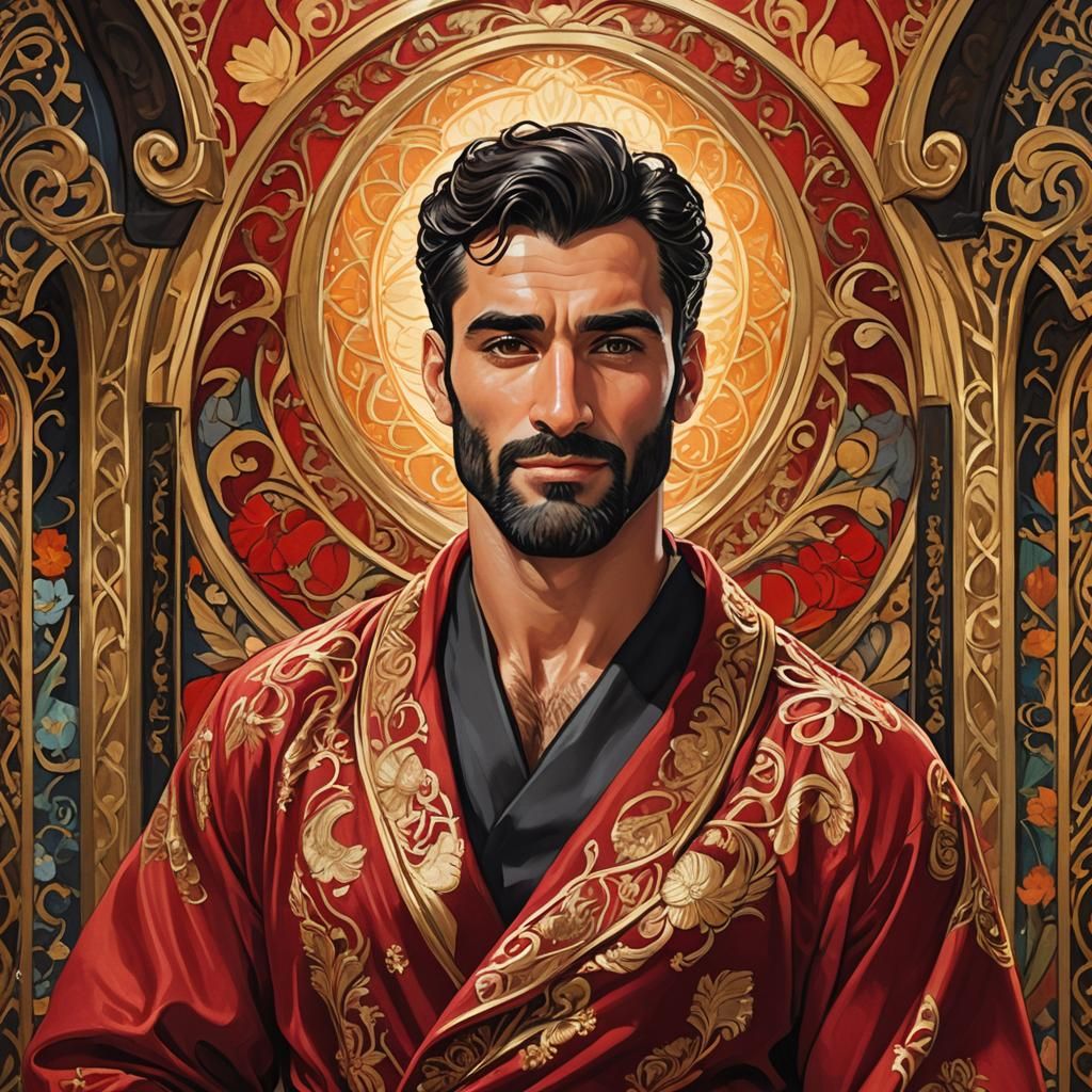 Elegant Bearded Man in Red Robe, Art Nouveau Portrait