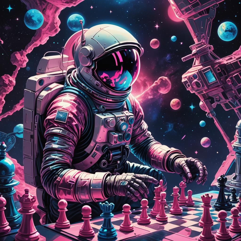 Astronaut Plays Chess on Moon in Retro-Futuristic Sci-Fi