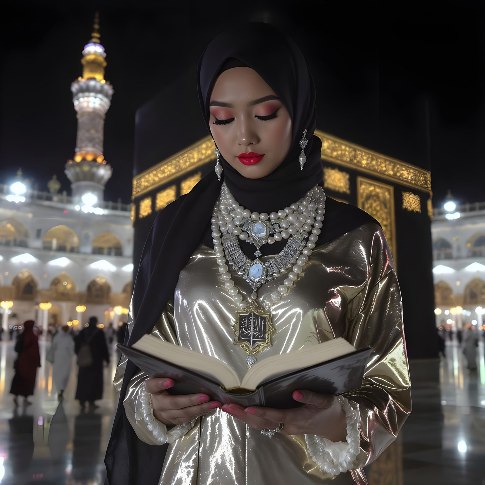 Futuristic Asian Woman Reading Quran in Metallic Jumpsuit