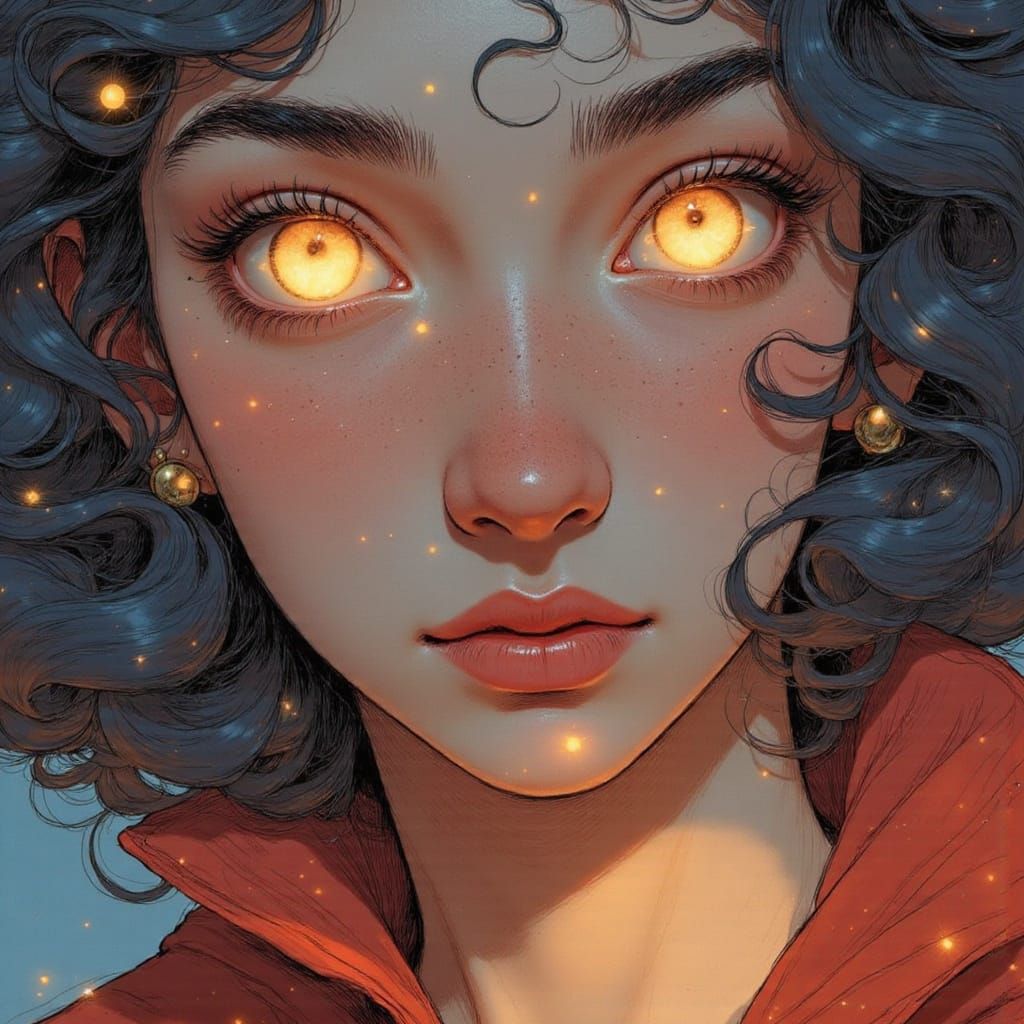 Woman with Gold Dust Eyes in Neon City