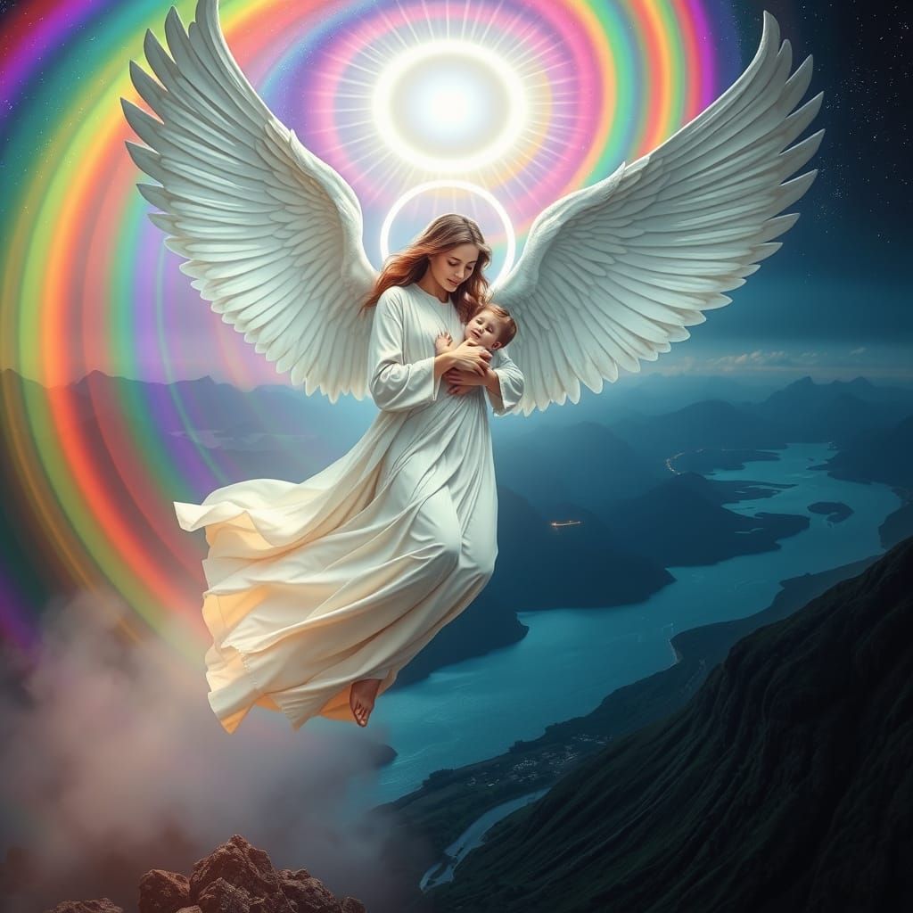Angel Ascends into Radiant Rainbow Spiral