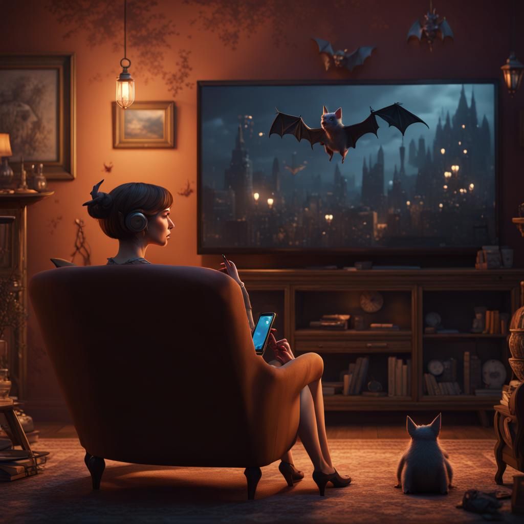 Woman and Bats Watching TV: Fantasy Concept Art