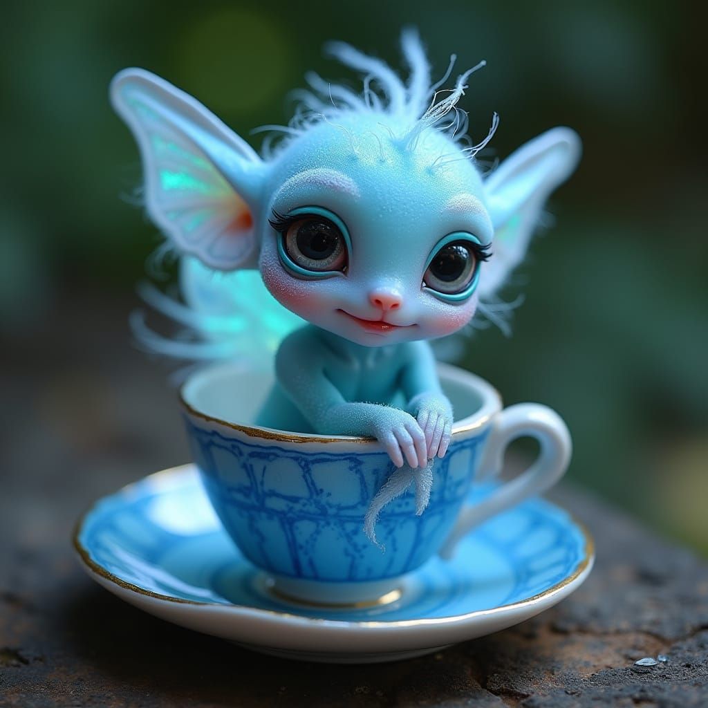 Aether Elf in Teacup, Ethereal Fairy Art