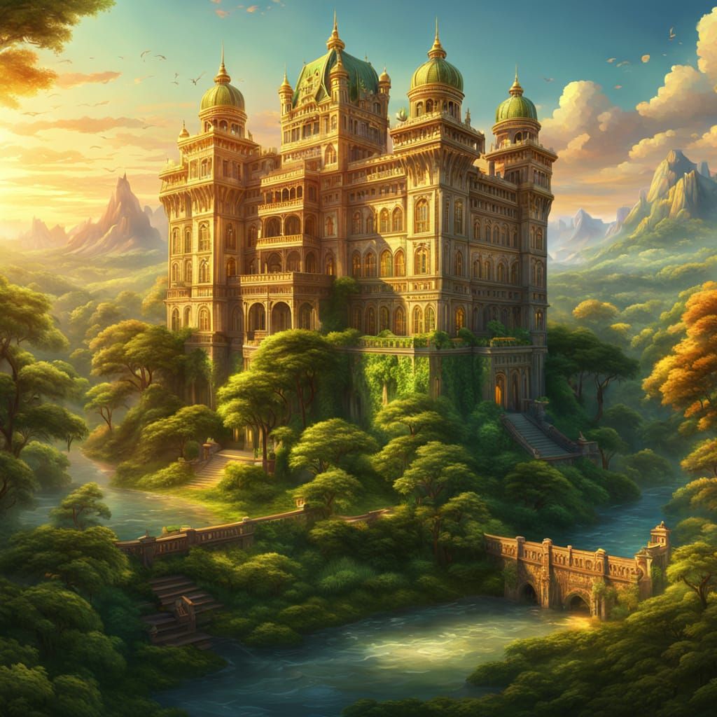 Majestic Palace Towers Above Natural Landscape in Digital Ar...