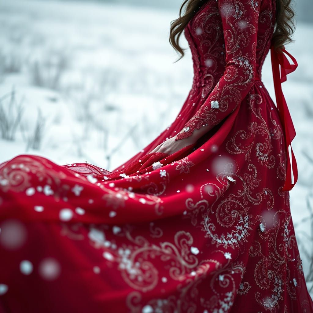 Fantasy Woman in Crimson Dress Standing in Snowy Field