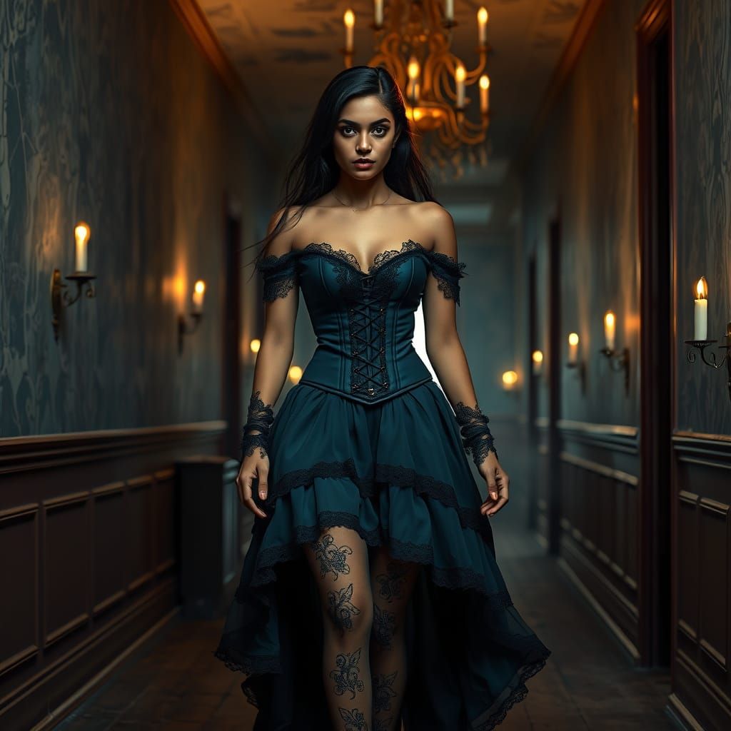 Ethereal Victorian Siren in Elegant Black and Electric Blue