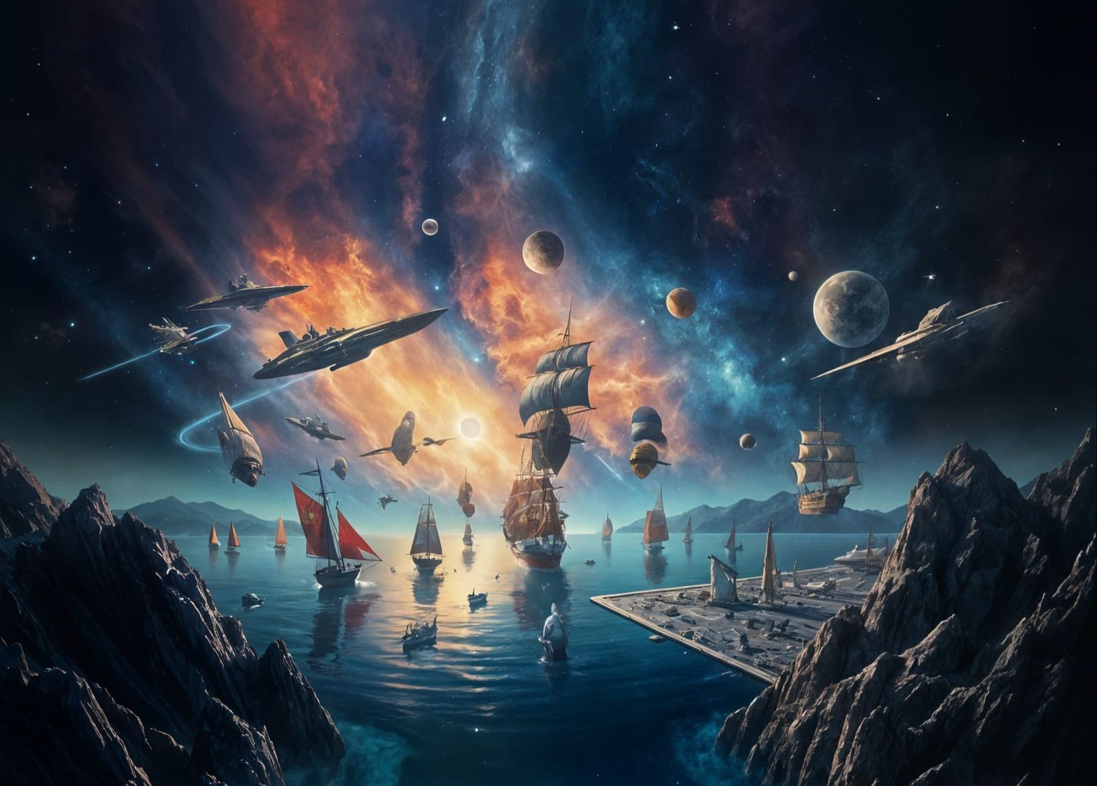 Surreal Space Harbor with Colorful Sailing Ships