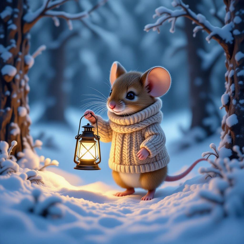 Mouse in Sweater with Lantern in Snowy Forest