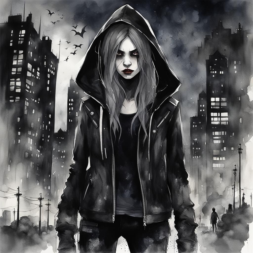 Vampire Girl in Cityscape: Watercolor and Charcoal