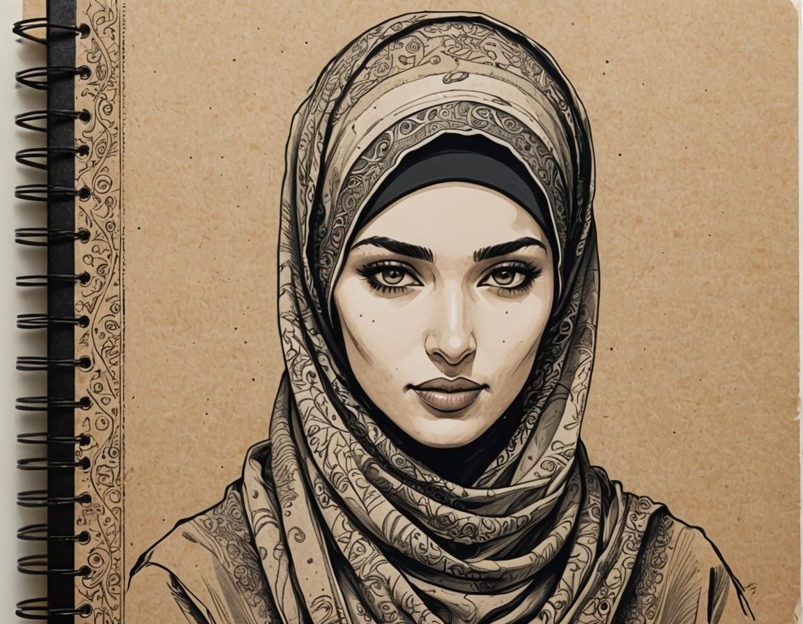 Pen and Ink Sketch of Woman in Hijab