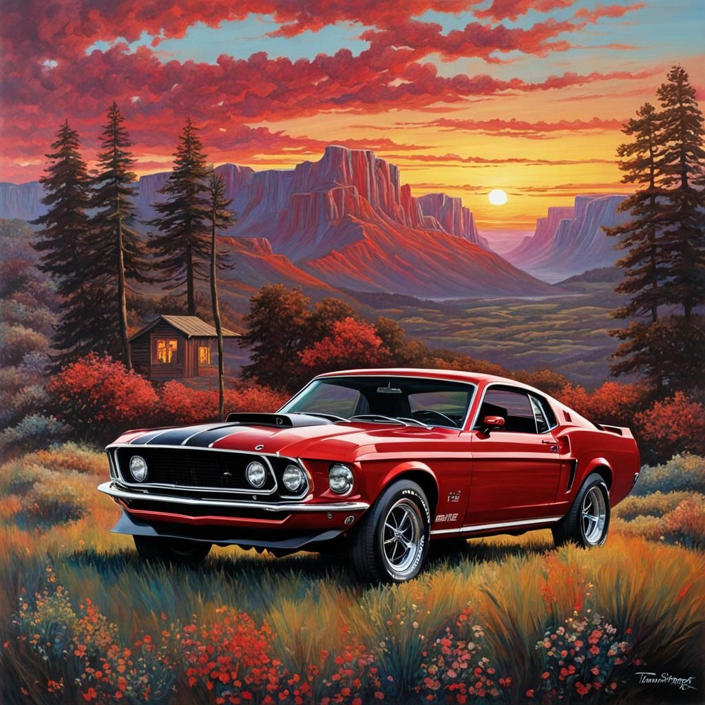 1969 Ford Mustang at Sunset in Ink and Watercolor