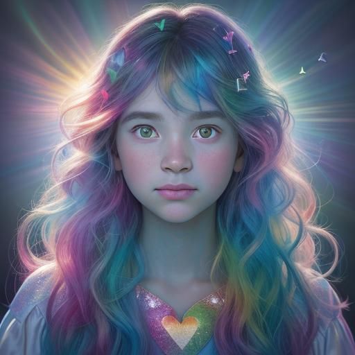 Bioluminescent Rainbow Confetti Portrait in Soft Focus