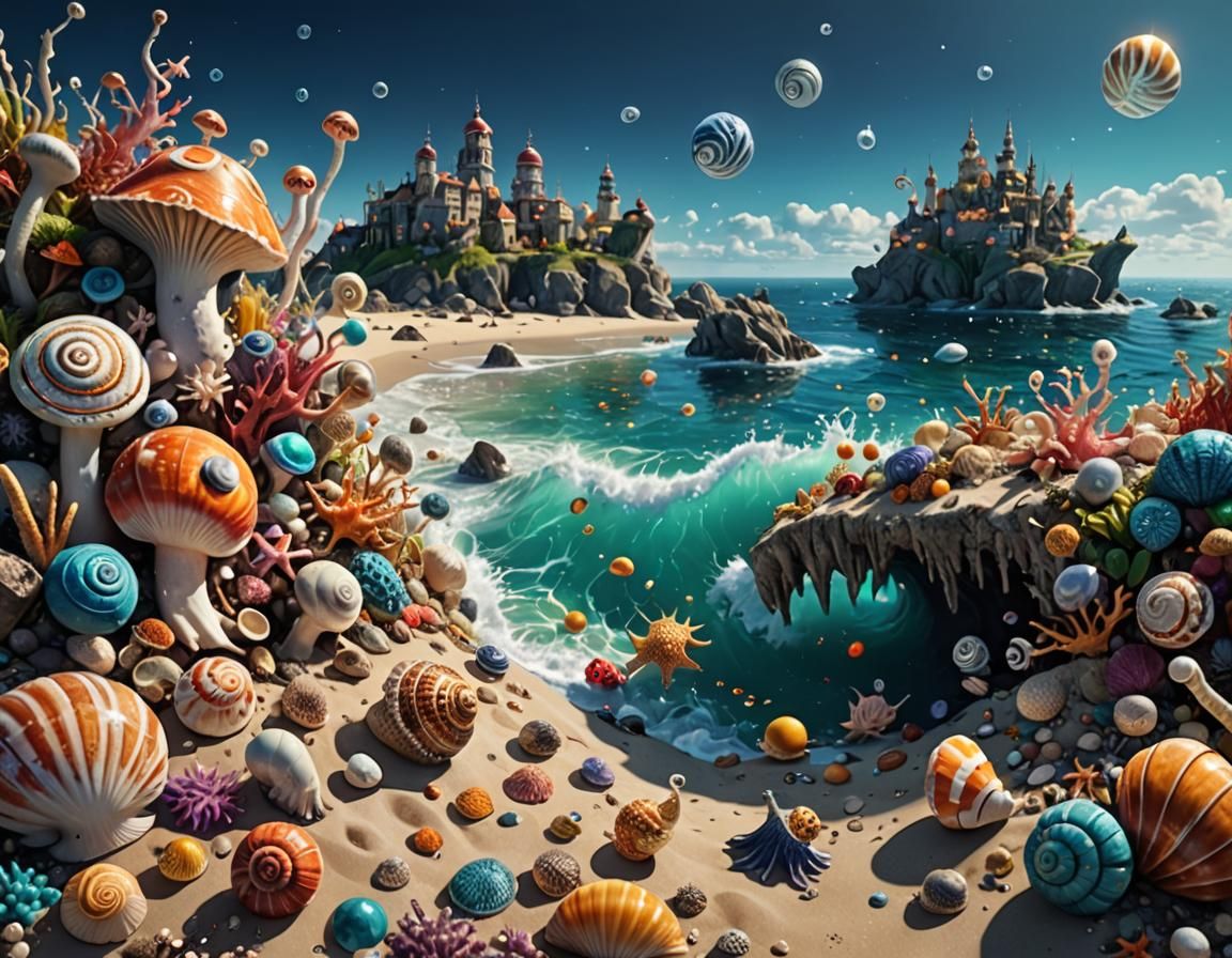 Surreal Shore Landscape with Exotic Sea Creatures