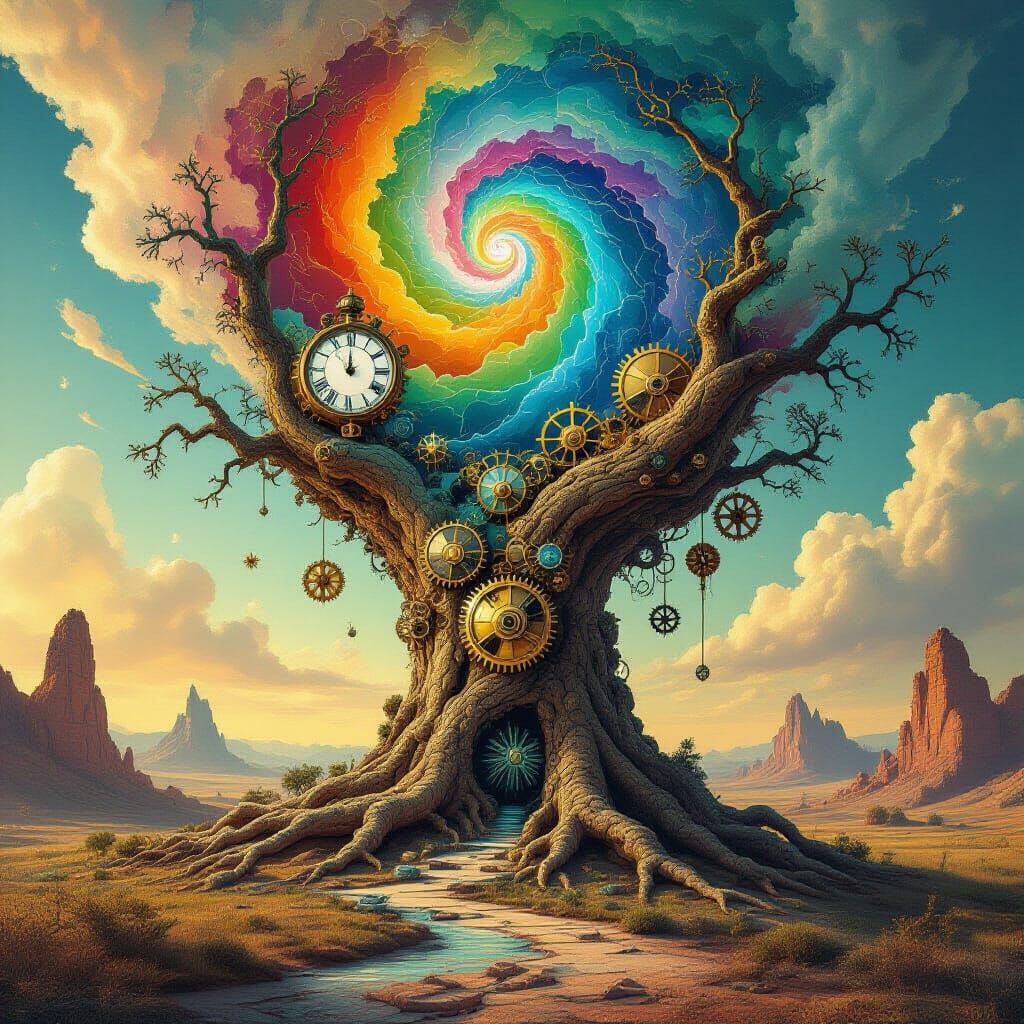 Fractured Time Dreamscape with Alien Tree and Clockwork