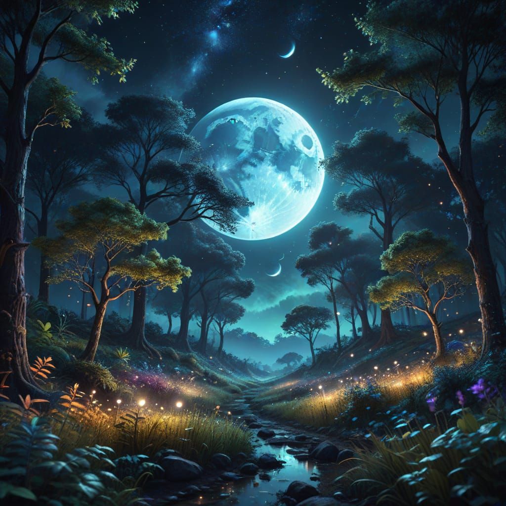 Cosmic Dreamscape with Luminous Moon and Trees in Vibrant Ho...