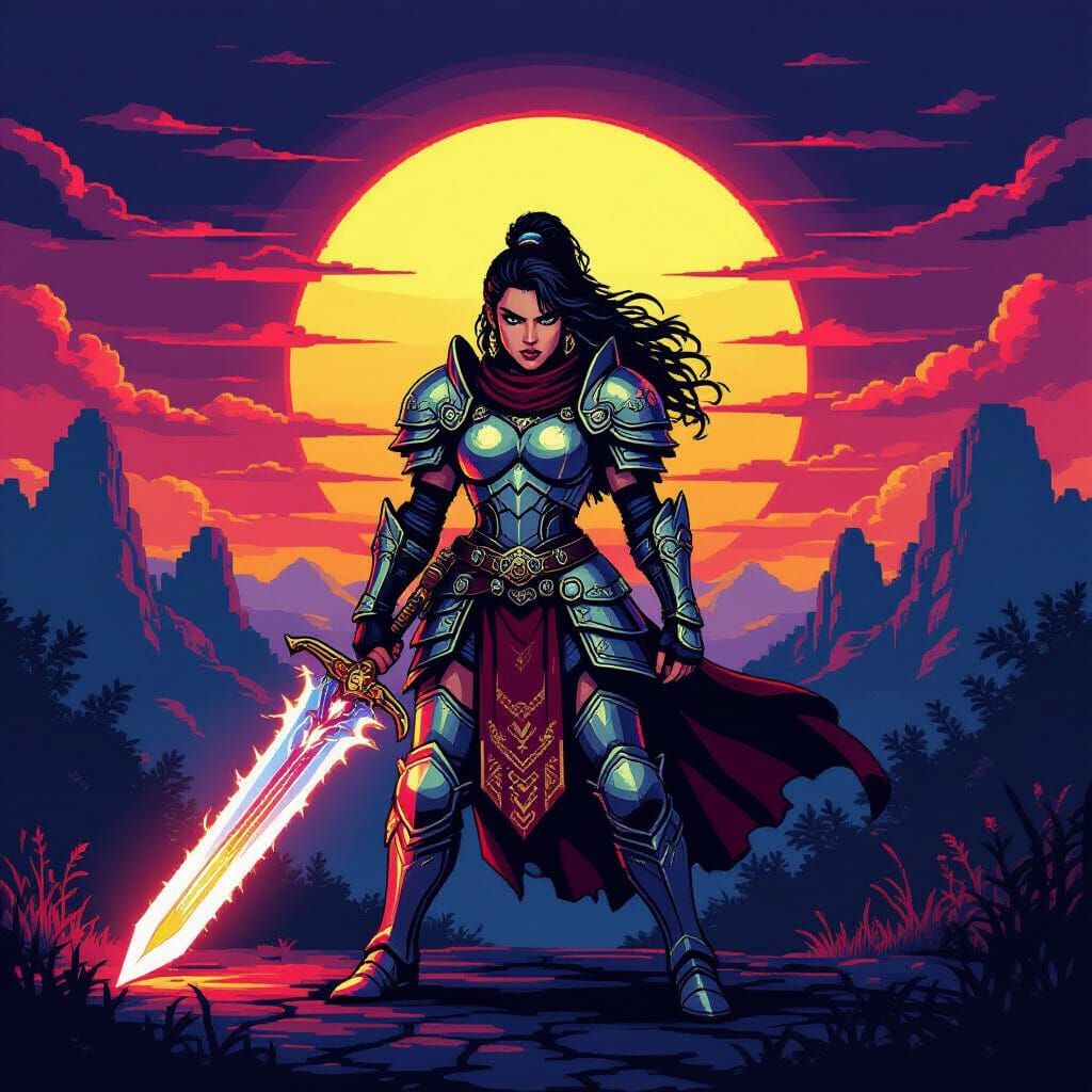 Pixel Art Warrior Woman in Epic Fantasy Realm