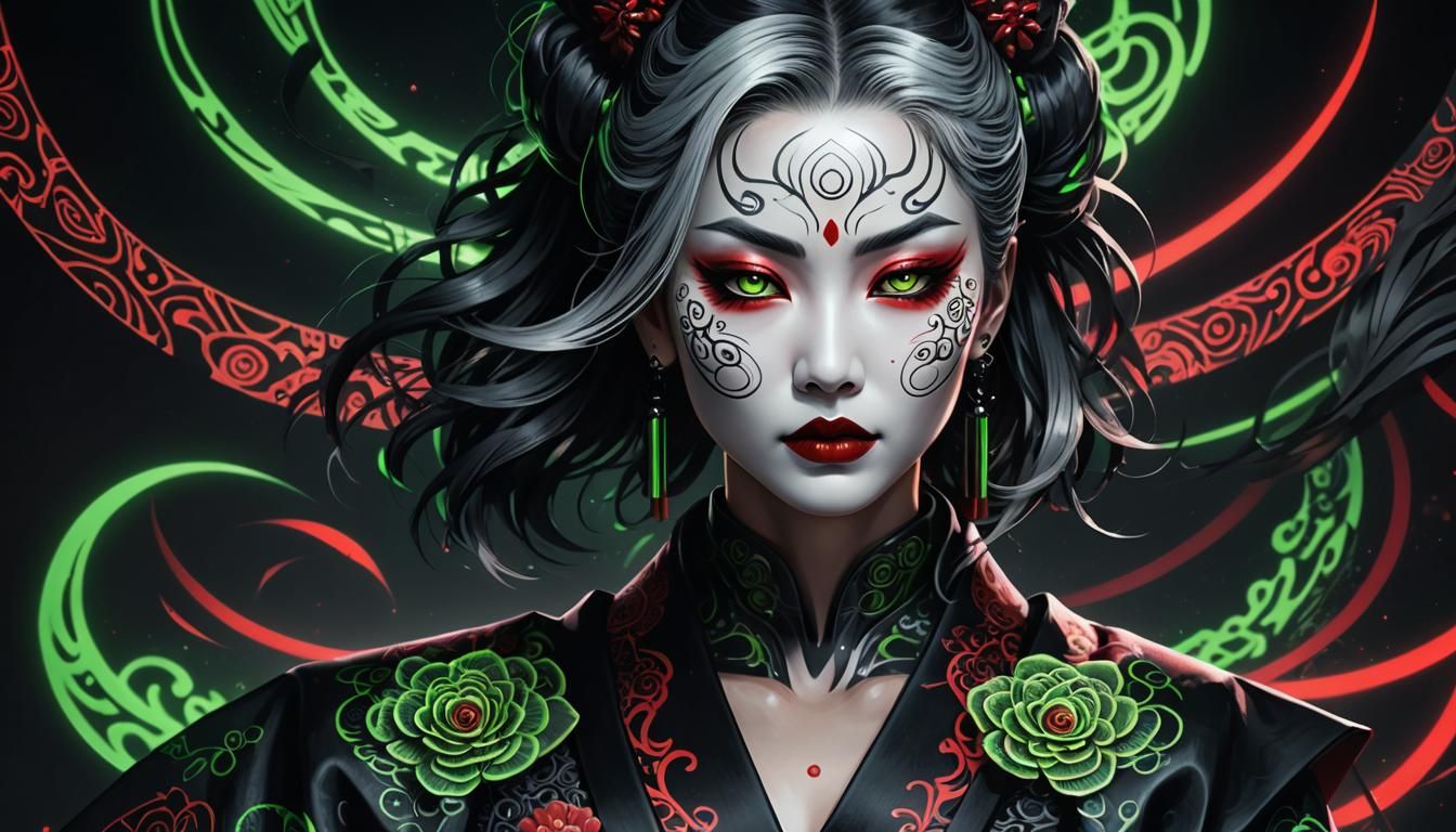 Cyberpunk Kabuki Portrait with Neon Accents