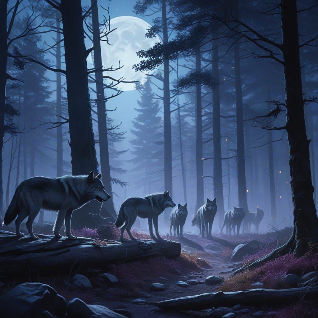 Mystical Wolves Stroll Through a Dreamy Forest Under Moonlit...