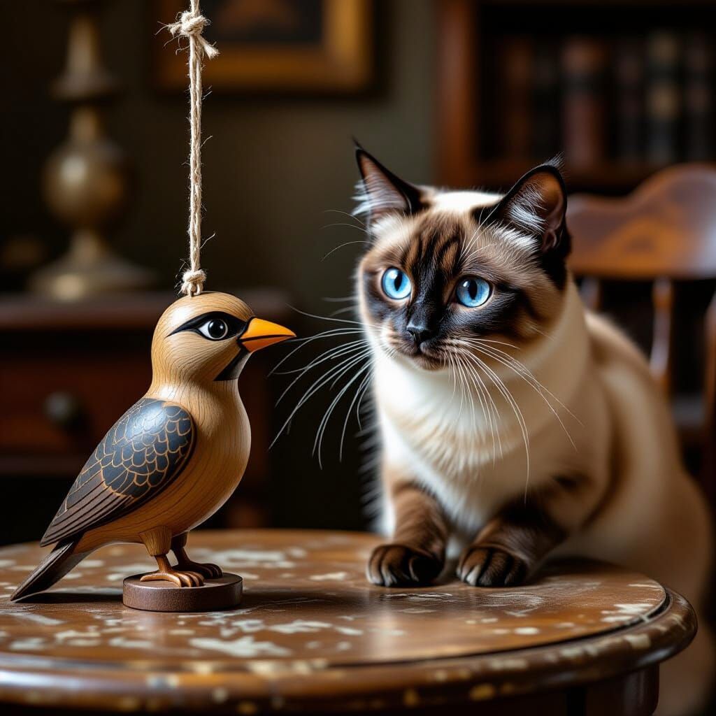 Siamese Cat Plays With Wooden Bird Puppet in Study