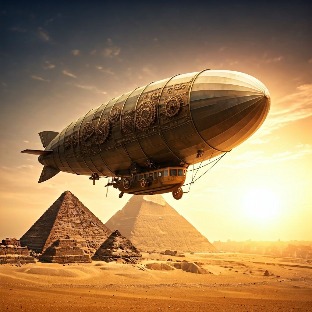 Steampunk Zeppelin Over Giza Pyramids at Sunset