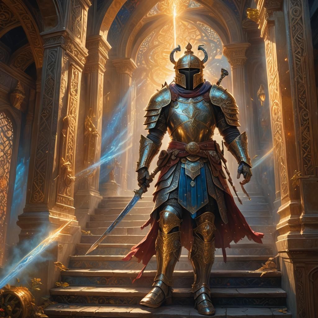Regal Warrior Descends Mystical Staircase: Fantasy Art