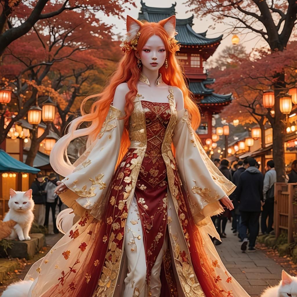 Albino Model with Cat Features in Japanese Autumn