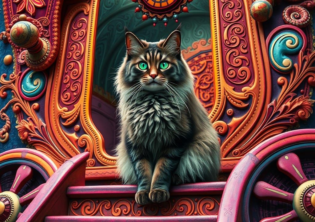 Norwegian Forest Cat on Gypsy Wagon in 3D Style