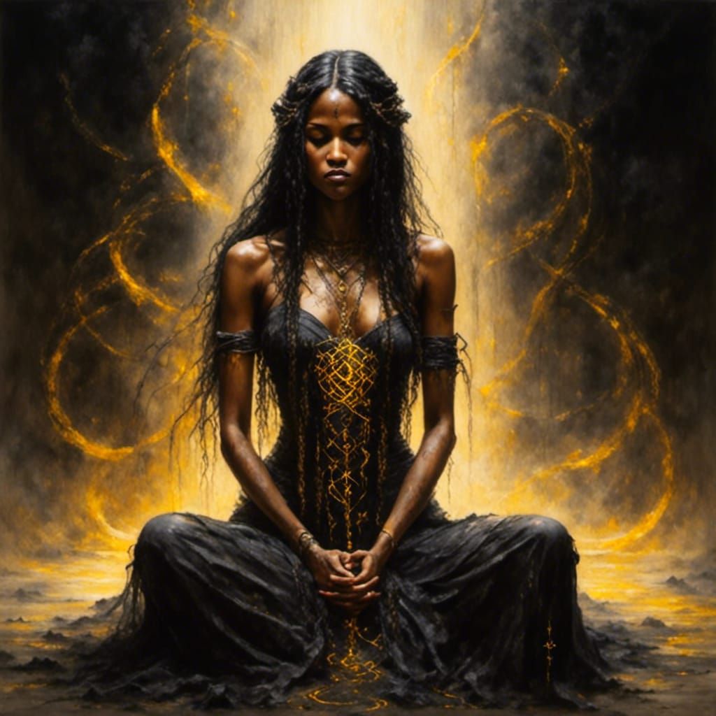 Meditating Woman with Glowing Runes in Dark Forest