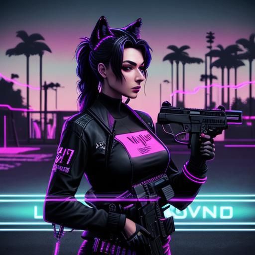 Girl with Wolves in Synthwave Neon Style