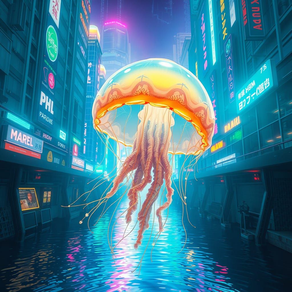 Bioluminescent Jellyfish in Cyberpunk City Canals