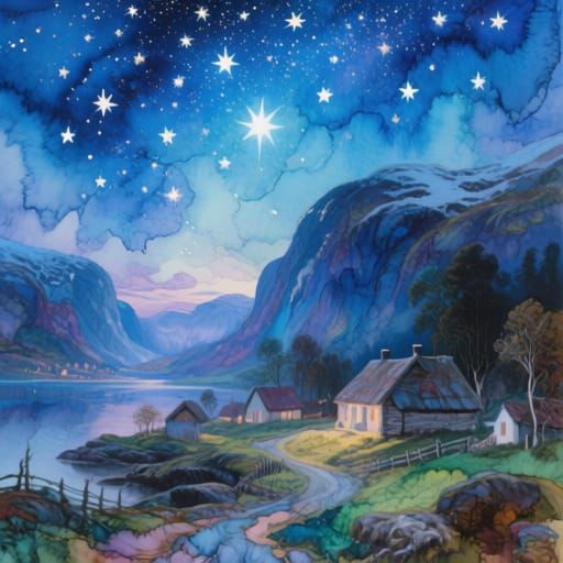Starry Norway Village in Romantic Airbrush Style