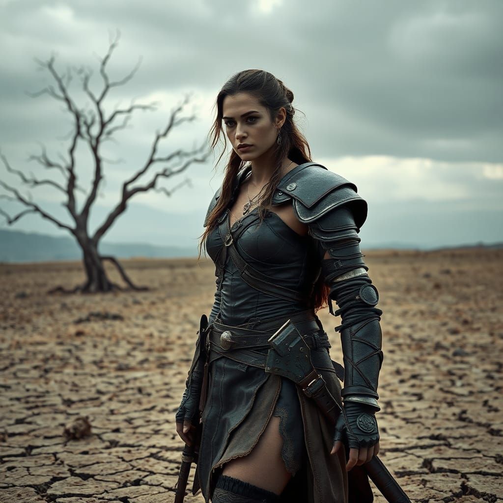 Stoic Female Warrior in Barren Landscape, Hyperrealism