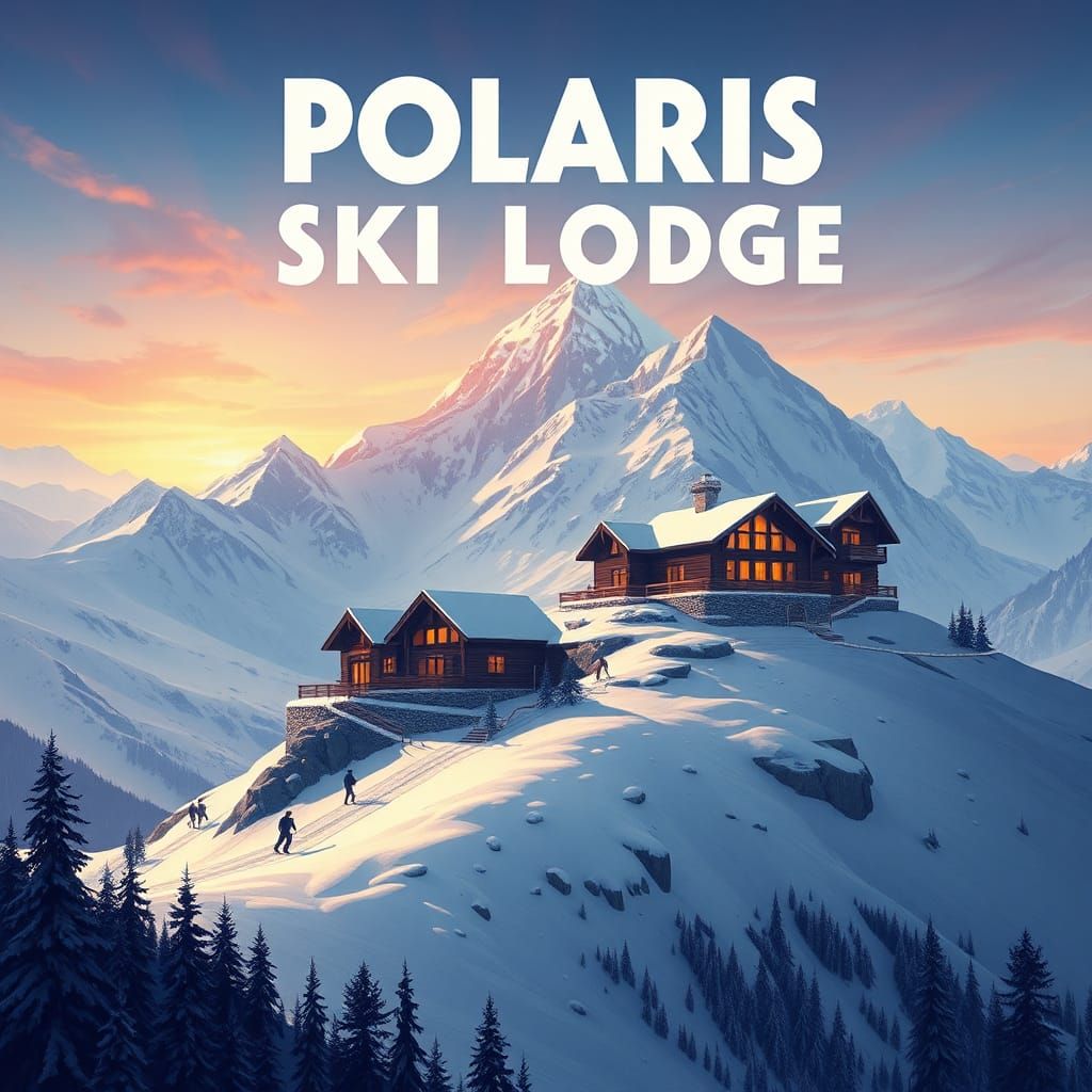 Polaris Ski Lodge Travel Poster on Snowy Mountain