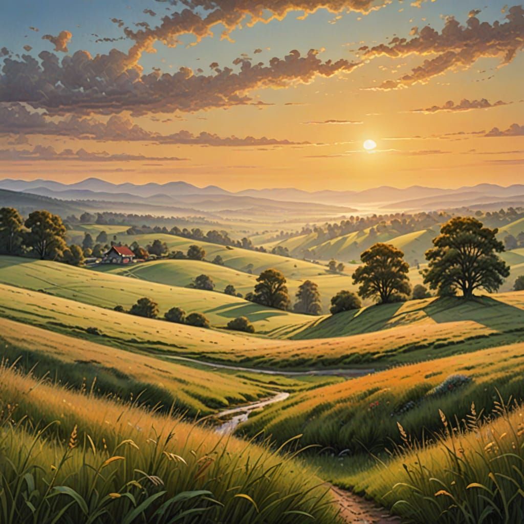 Romantic Sunrise Over Meadow in Golden Hues