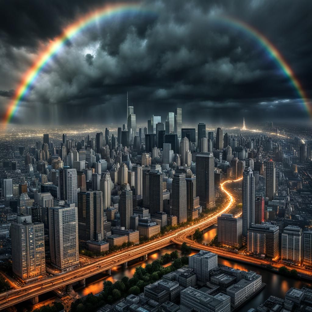 Hyperrealistic City Under a Black Rainbow