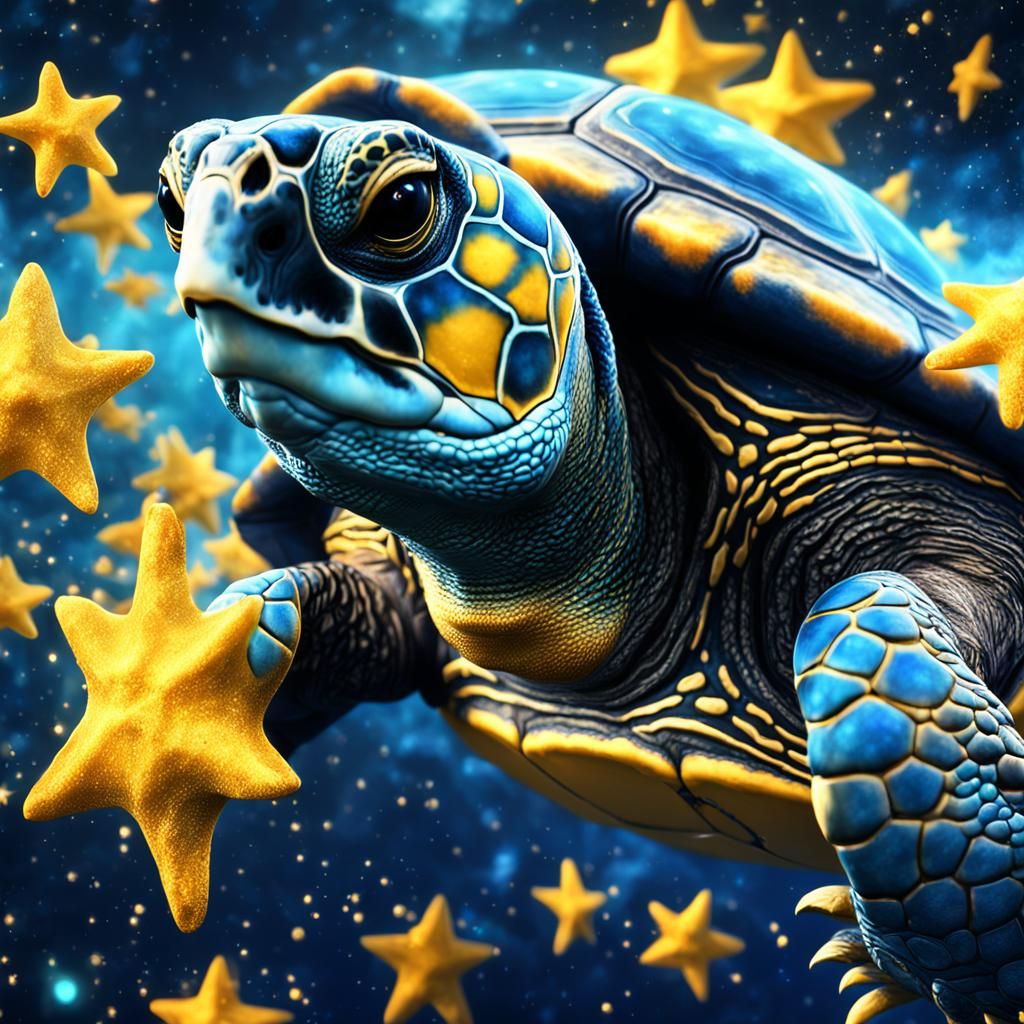 Blue Turtle Floating in Space: Fantasy Concept Art