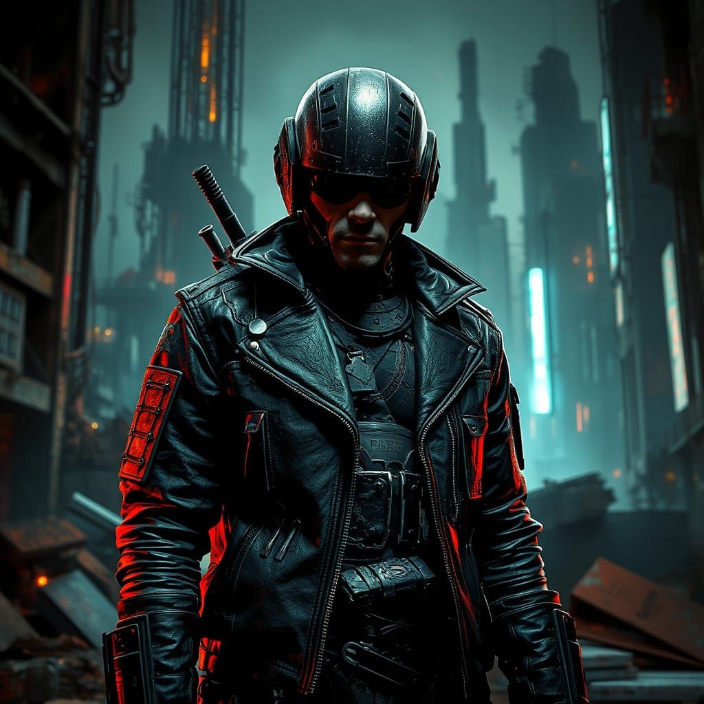 Dystopian Cyborg Warrior in Gritty Industrial Ruins